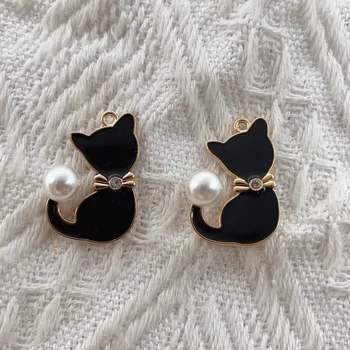 10 adet alaşım charm siyah kedi hayvan su elmas altın emaye kolye DIY takı takı üretimi
