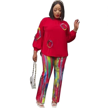 2 Parça Kadın Set Dashiki Afrika Giysi Bahar Sonbahar Yeni Moda Uzun Kollu Üst ve pantolon Takım Elbise Yüksek Sokak Bayan Şık Setleri