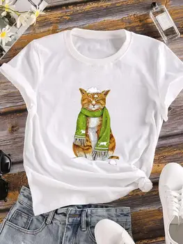 Kedi Karikatür Tarzı Sevimli Kadın Moda Yeni Yıl T Shirt Elbise Tatil Noel Baskı Üst Grafik T-shirt Bayan Giyim Tee